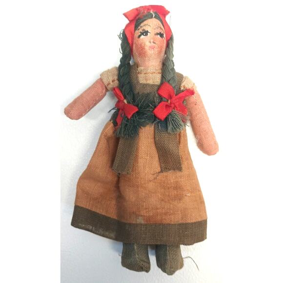 Vintage Mexican Folk Art Fabric Cloth Handmade Dolls 6" Set of 2 1940's? - Picture 4 of 8